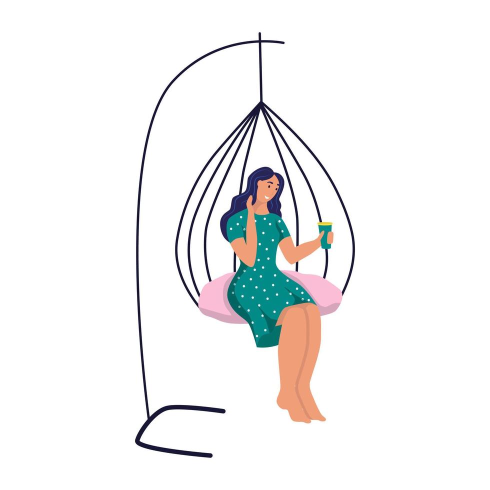 A young woman is sitting in a suspended chair. Flat vector illustration