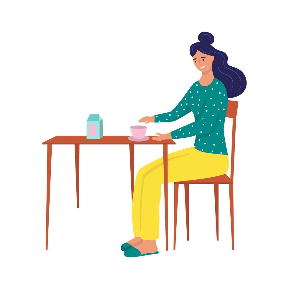 A young woman in pajamas is having breakfast at home. Flat vector illustration