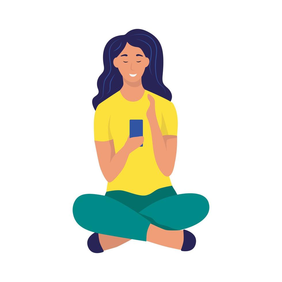 A young woman with a mobile phone in her hands is sitting on the floor. Flat vector illustration