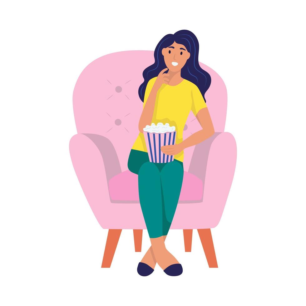 A young woman is sitting in a chair and eating popcorn. Flat vector illustration