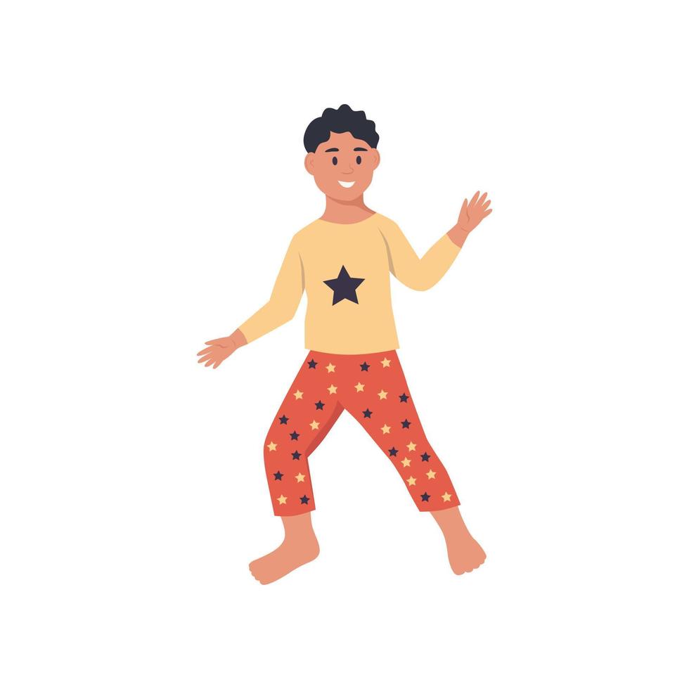 A boy in pajamas dancing barefoot. Flat vector illustration.