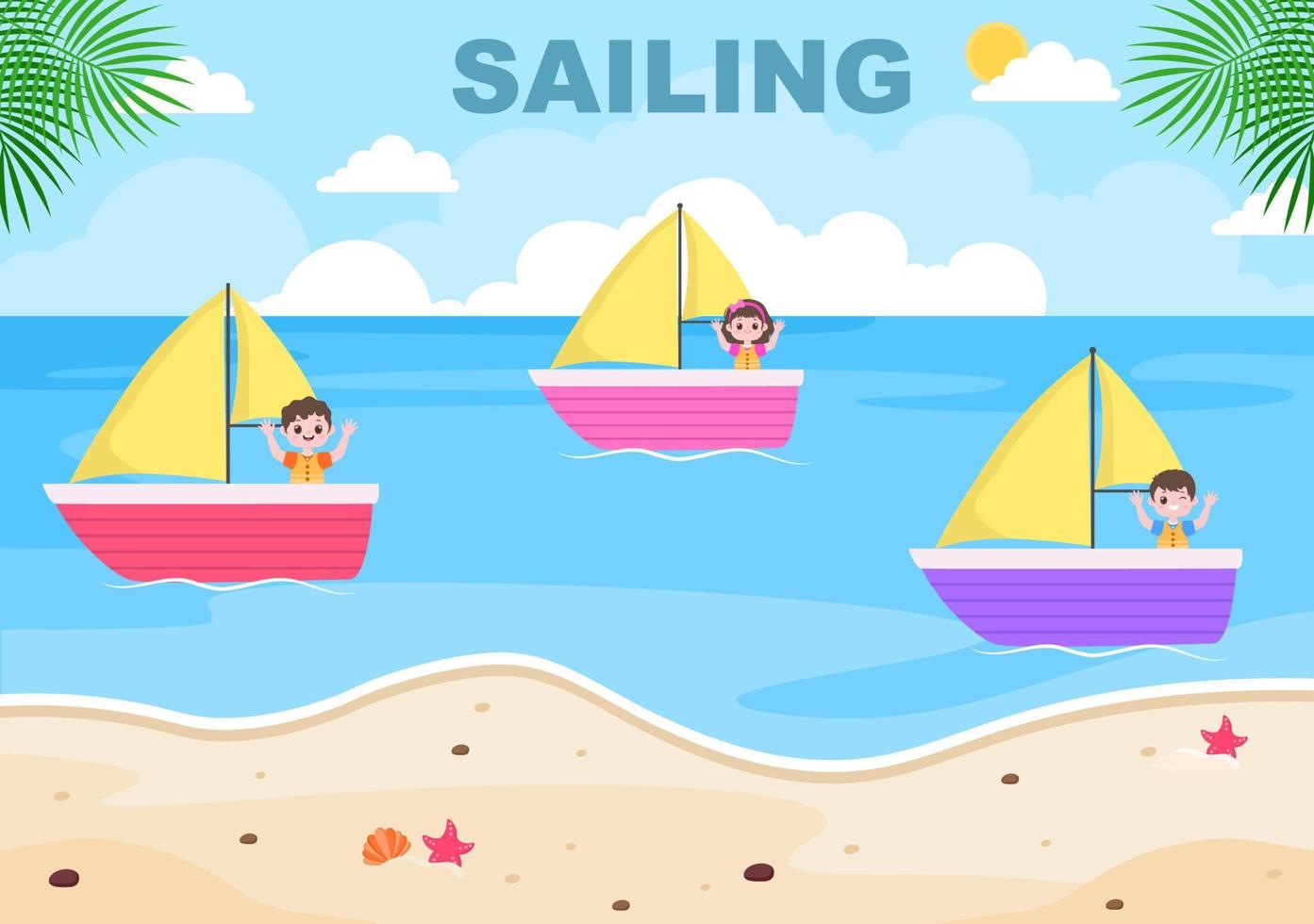 velero con ilustración de vista al mar o al lago vector
