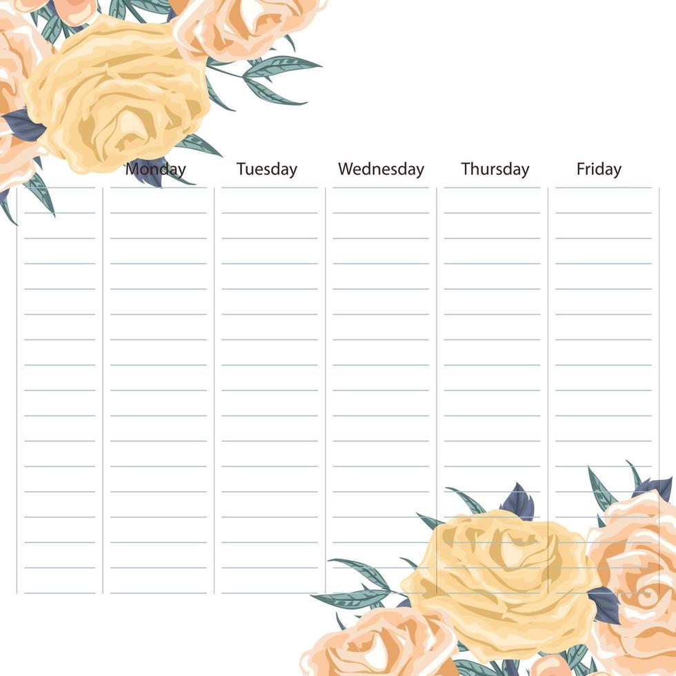 Tarjeta de horario escolar creativo con flores y hojas en las esquinas. vector