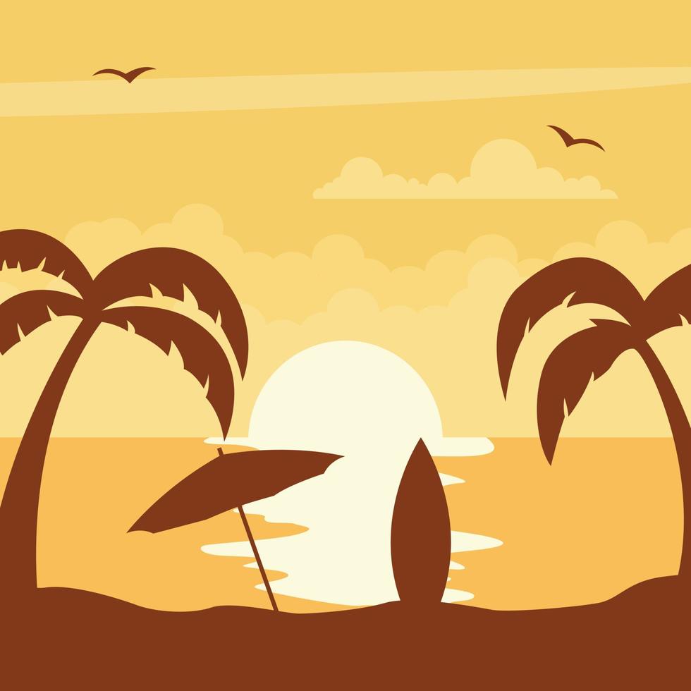 Sundown on the beach with umbrella and surfboard vector