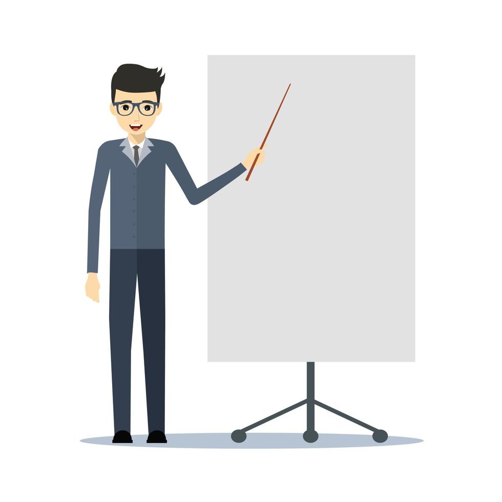 Businessman making a presentation. Vector of young man exposing.