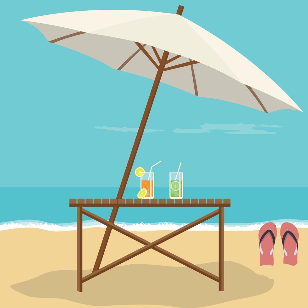 Beach landscape with a table umbrella, sandals and caipirinha vector