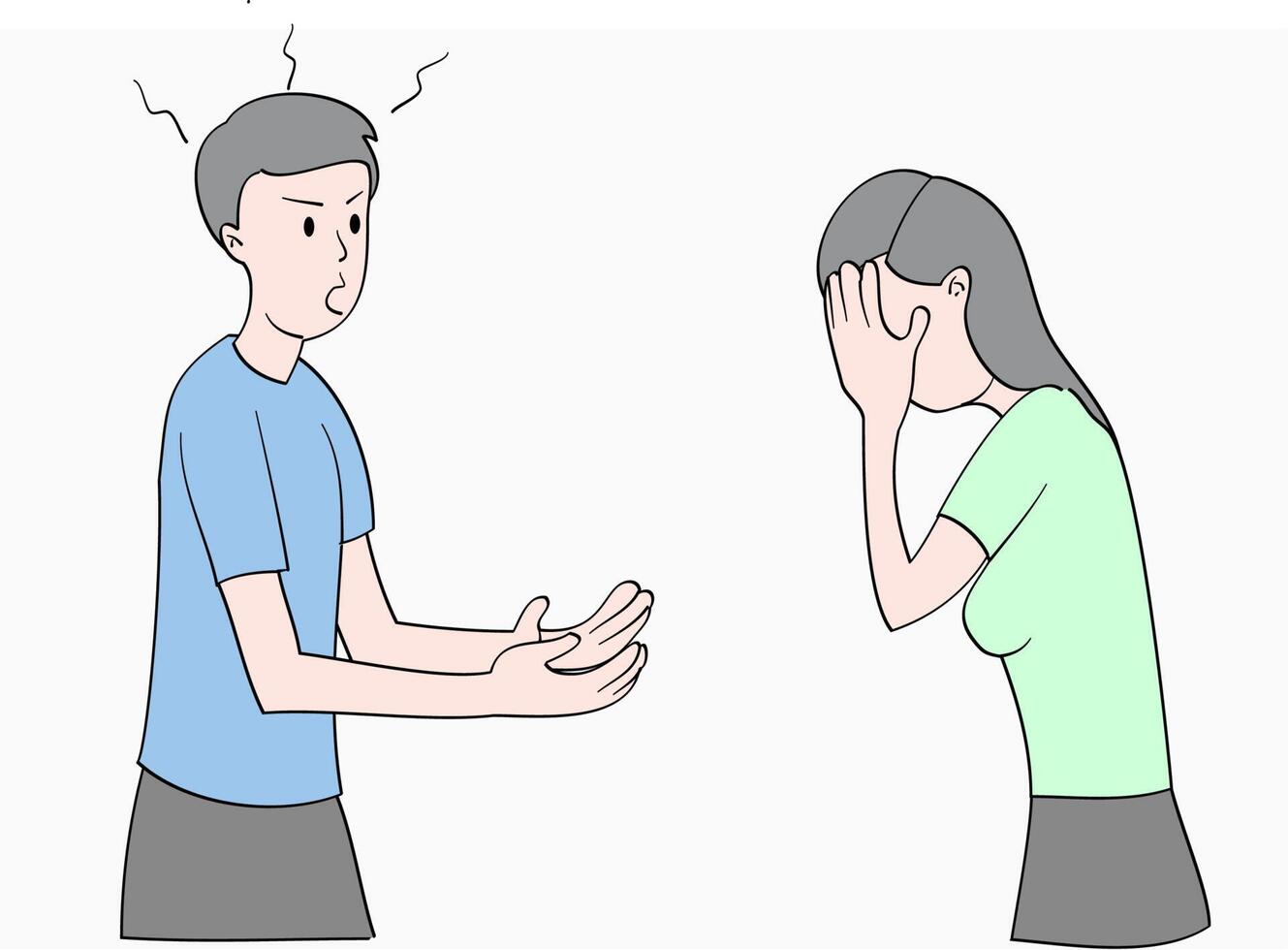 A husband who is angry with his wife. The wife covered his face because he felt guilty. Hand drawn style vector. vector