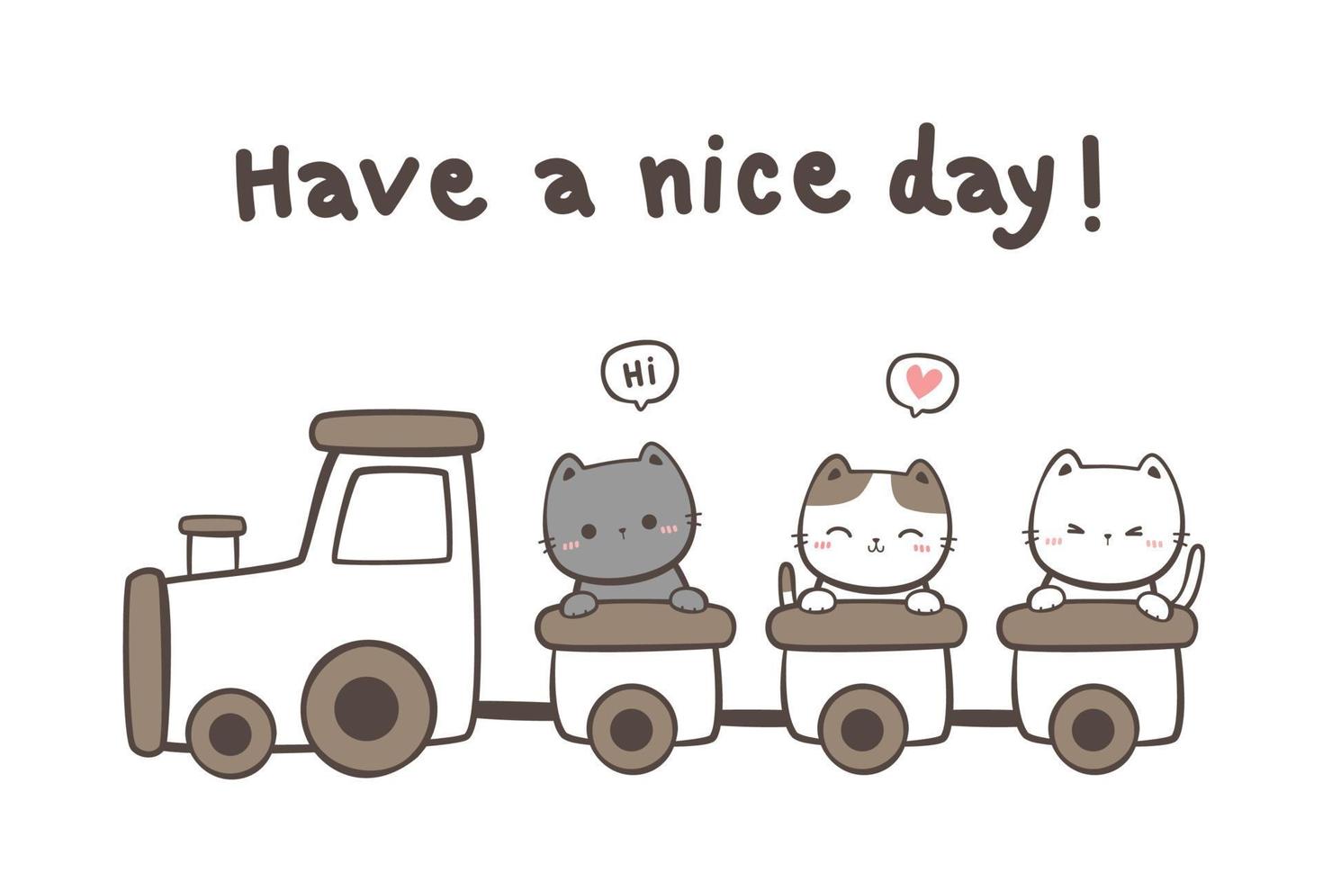 kitty cat riding a train cartoon doodle illustration vector