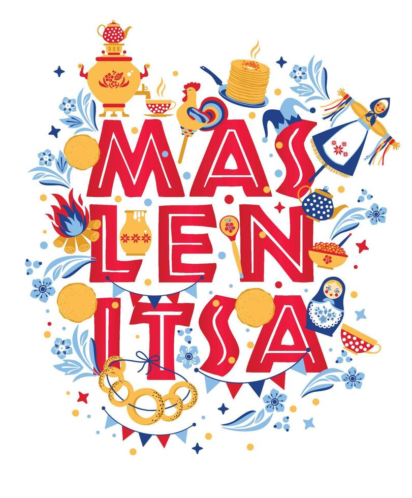 Vector set on the theme of the Russian holiday Carnival. Russian translation wide Shrovetide or Maslenitsa.