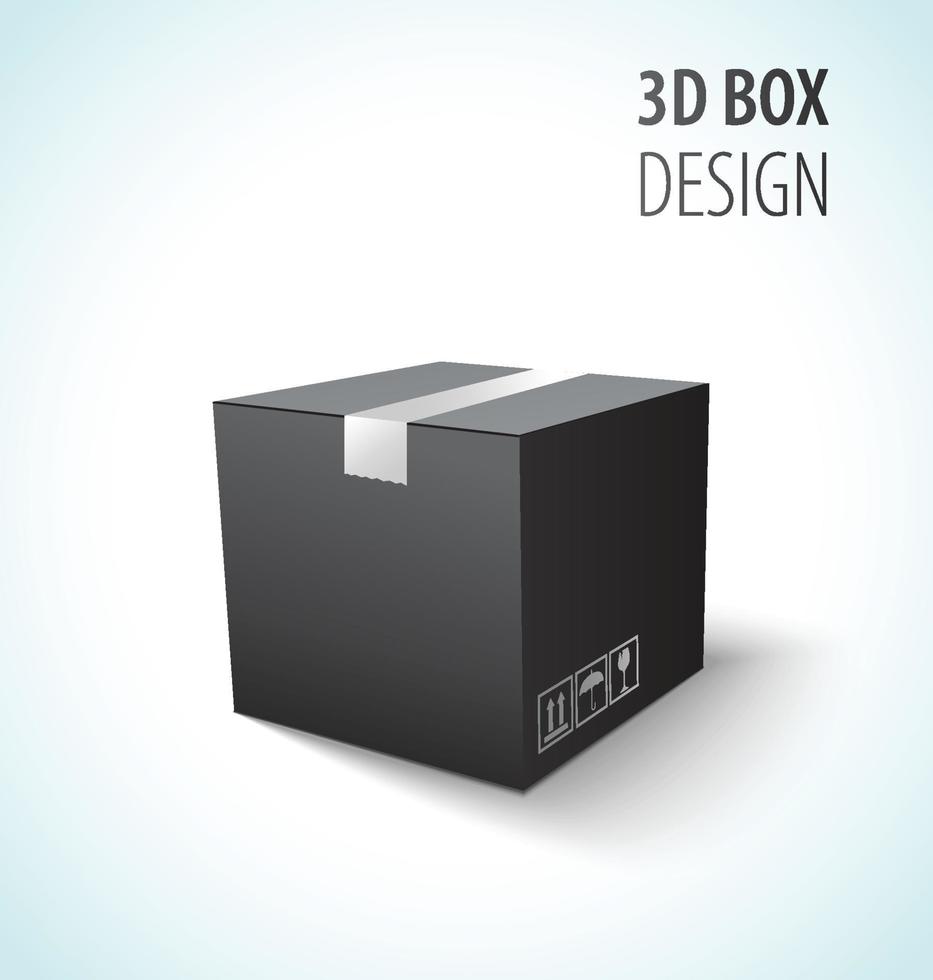 Cardboard black closed vector box illustration. 3d.