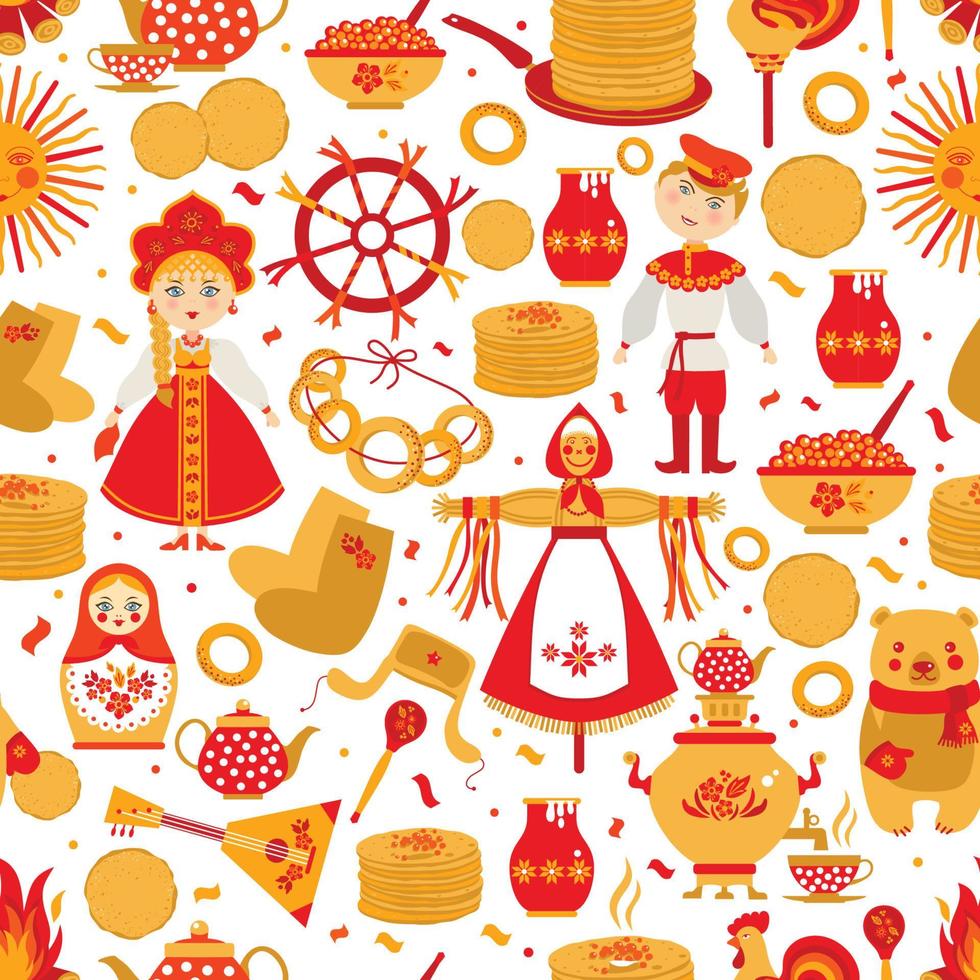 Translation from Russian-Shrovetide or Maslenitsa wide seamless pattern. Great Russian holiday Shrovetide. Vector illustration.