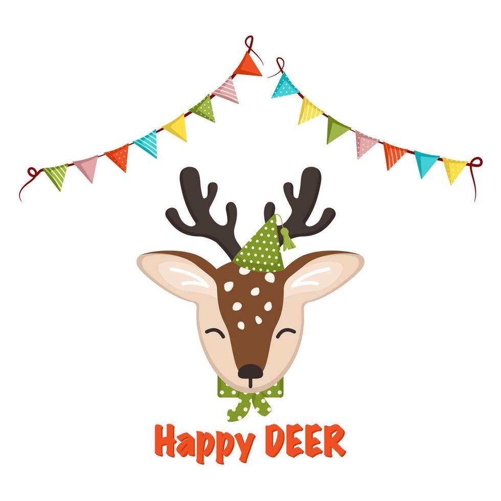 Cute deer in children style with festive decorations for Holiday, New Year and Christmas. Funny animals with caps and bows and garland of flags. Vector flat illustration