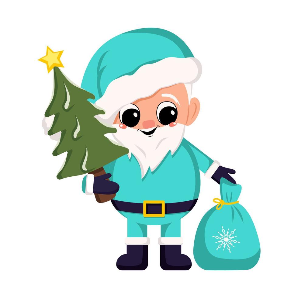 Santa Claus in costume and hat with bag of gifts and Christmas tree with star. Symbol of New Year and Christmas. Cute character with happy emotions and smile vector