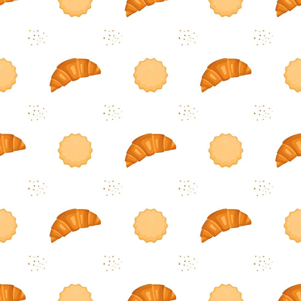 patrón sin fisuras con croissants y galletas de leche. lindo estampado con productos horneados para menús de cafés y restaurantes, textiles, papel y diseños. vector ilustración plana