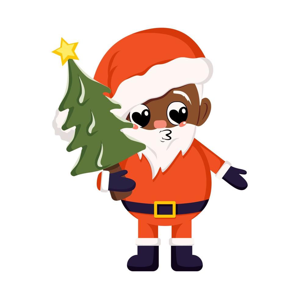 santa claus en traje y sombrero con árbol de navidad. símbolo de año nuevo y navidad. lindo personaje con emociones felices y sonrisa vector