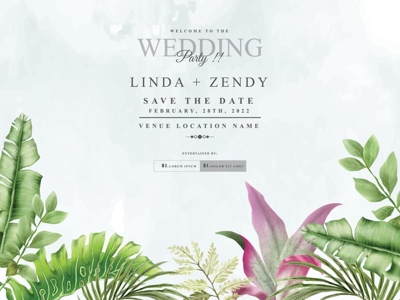 elegante plantilla de tarjeta de invitación de boda de acuarela tropical floral vector