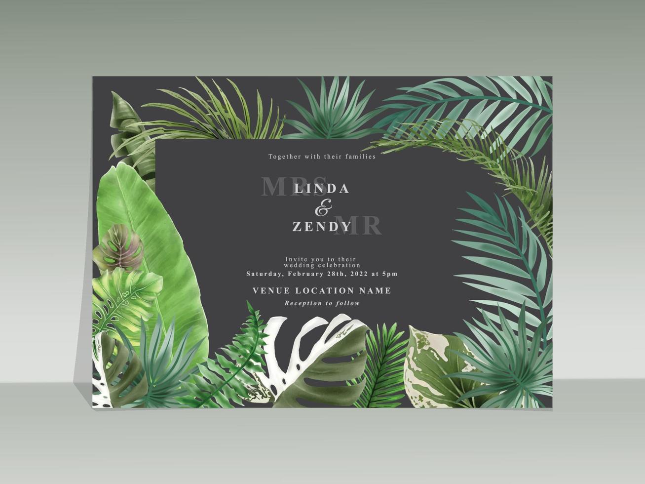 elegante plantilla de tarjeta de invitación de boda de acuarela tropical floral vector