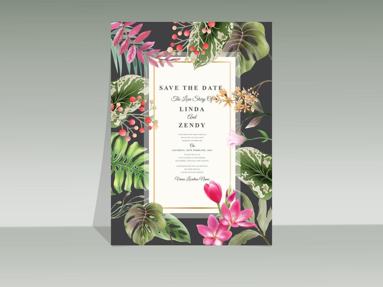 Elegant floral tropical watercolor wedding invitation card template vector