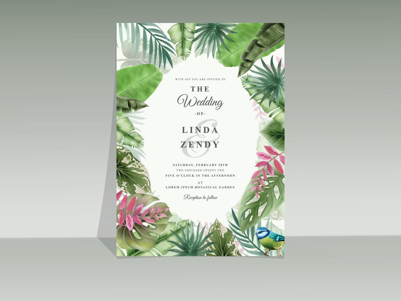 elegante plantilla de tarjeta de invitación de boda de acuarela tropical floral vector