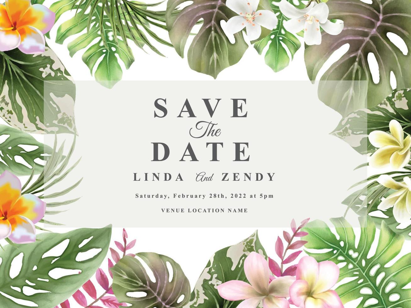 Elegant floral tropical watercolor wedding invitation card template vector