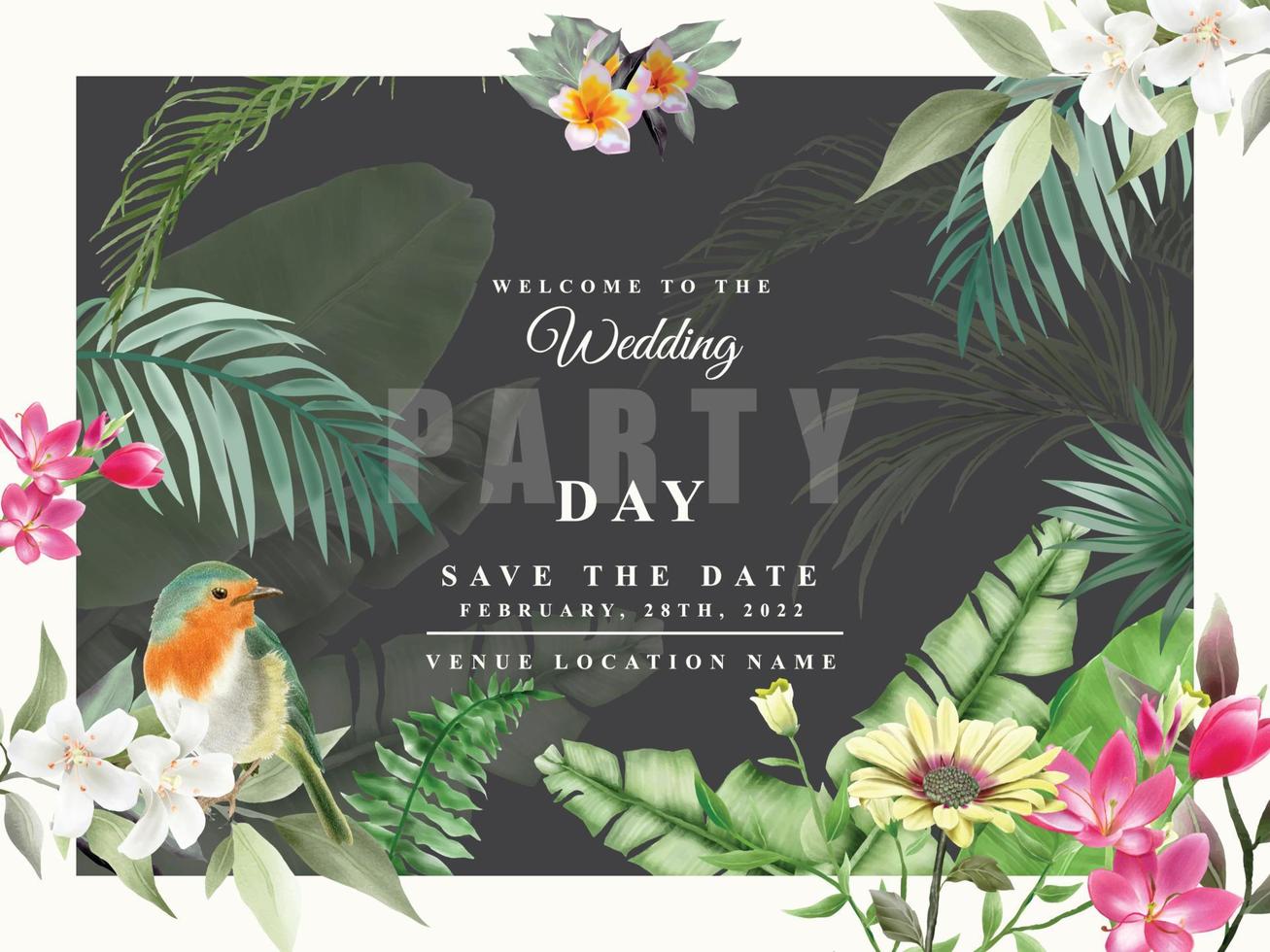 elegante plantilla de tarjeta de invitación de boda de acuarela tropical floral vector
