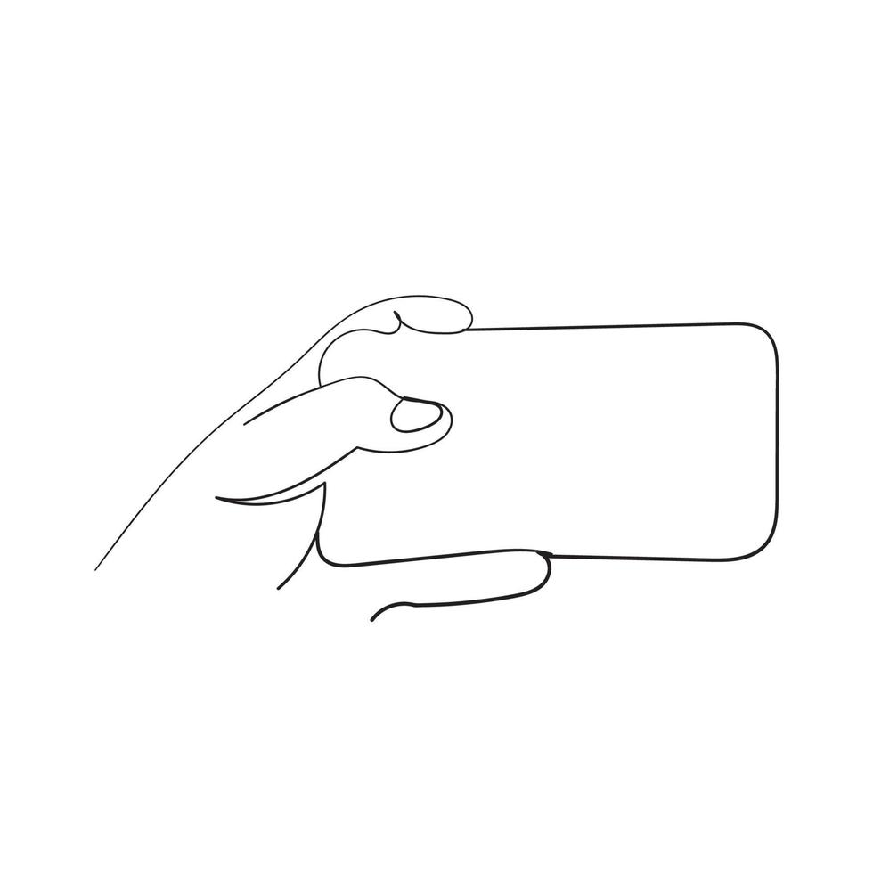 dibujo de una línea mano sosteniendo doodle de ilustración de teléfono inteligente vector