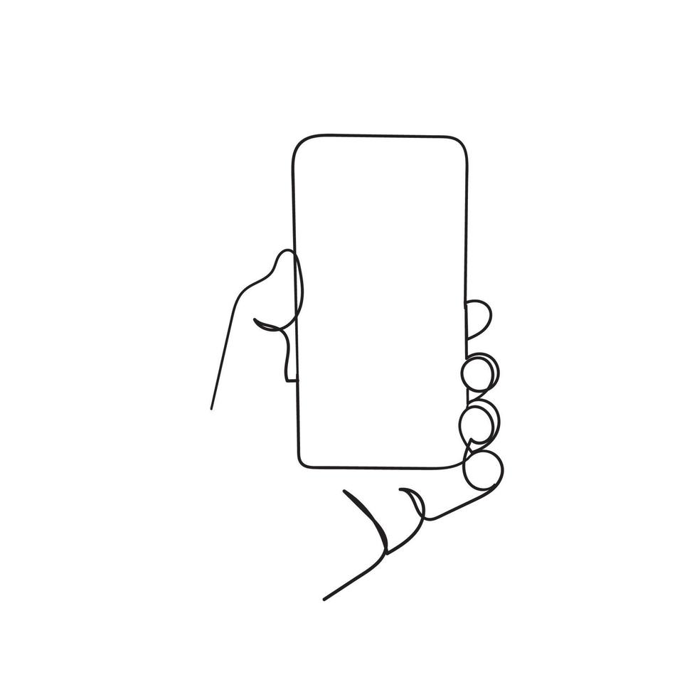 dibujo de una línea mano sosteniendo doodle de ilustración de teléfono inteligente vector