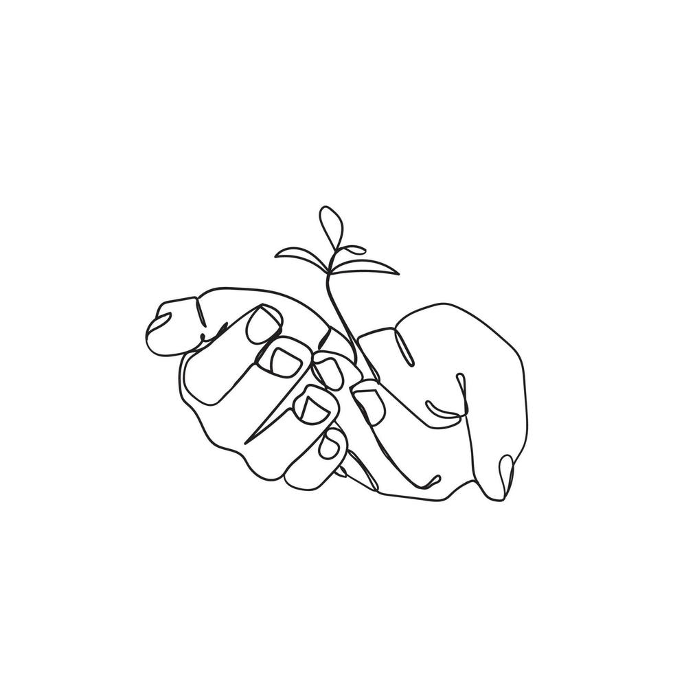 hand drawing continuous line doodle of back to nature theme with hands holding a plant vector