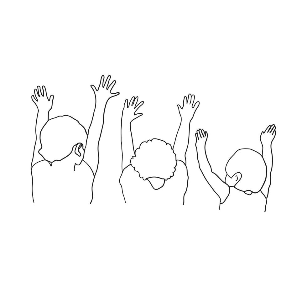 dibujo a mano doodle niños jugando agitando ilustración estilo de línea continua vector