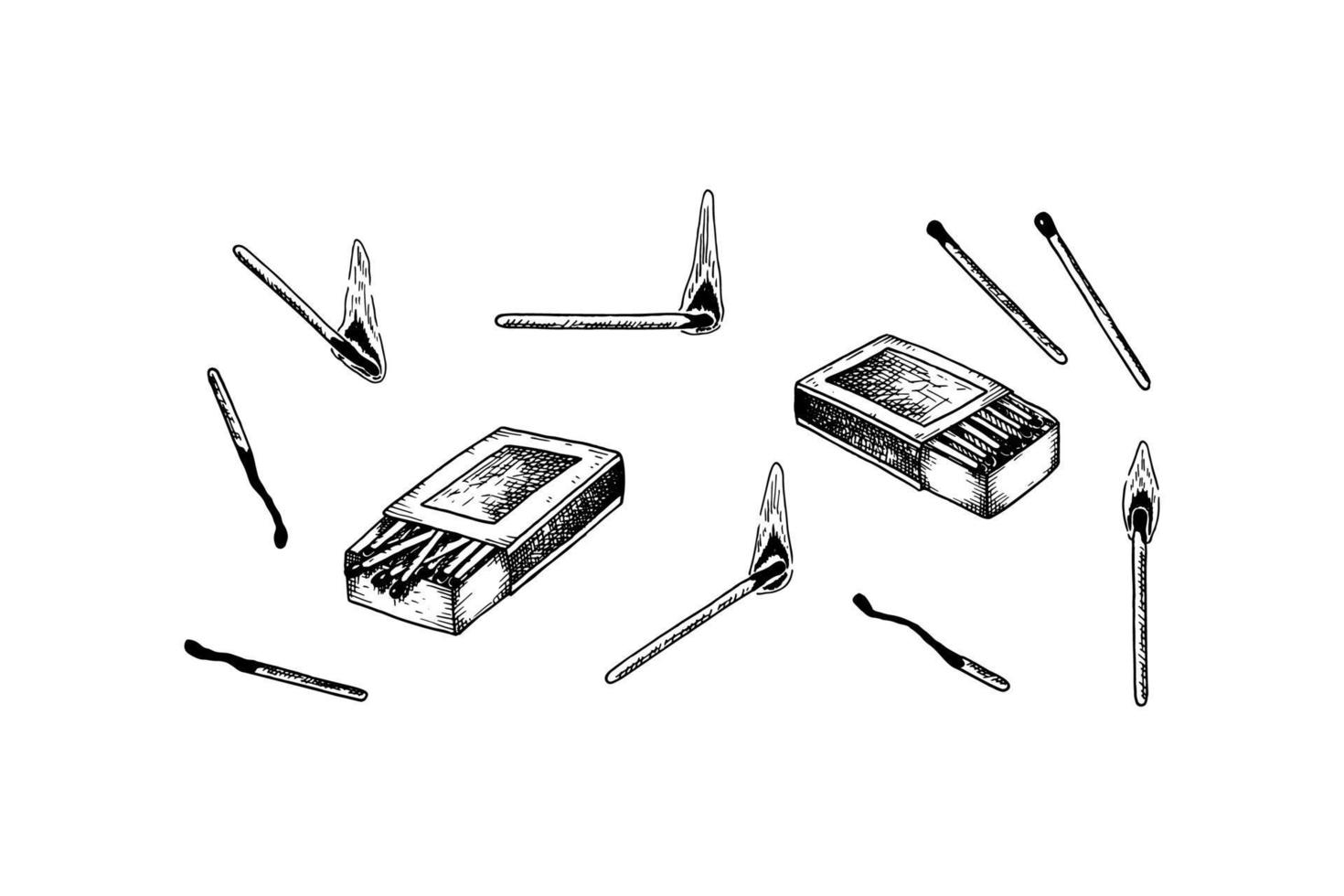 juego de fósforos dibujados a mano aislado sobre fondo blanco. ilustración vectorial en estilo boceto vector