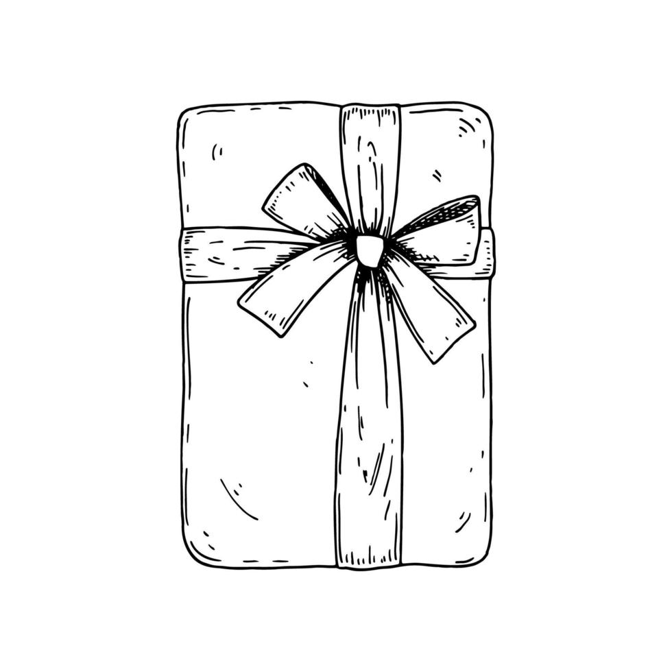 Hand drawn luxury gift box with a bow. Top view. Vector illustration in a sketch style isolated on white background