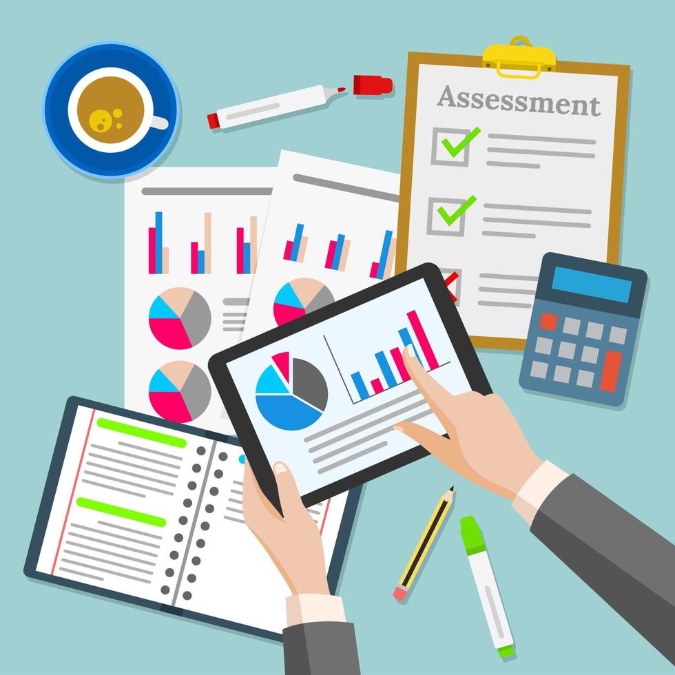 Vector illustration of the composition of items on a businessman's desk. Suitable for illustration from office, statistic document work, and business plan profit assessment. Busy desktop top view.