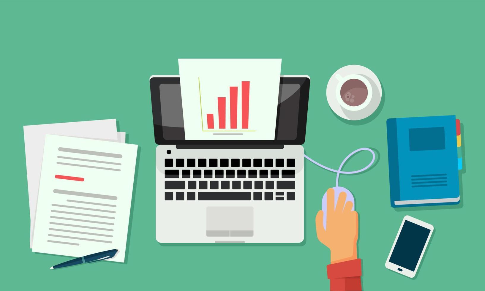 Vector illustration of a businessman accessing company profit reports via a laptop that displays a statistical chart. Suitable for visualization of office work, work on an office desk with a laptop.