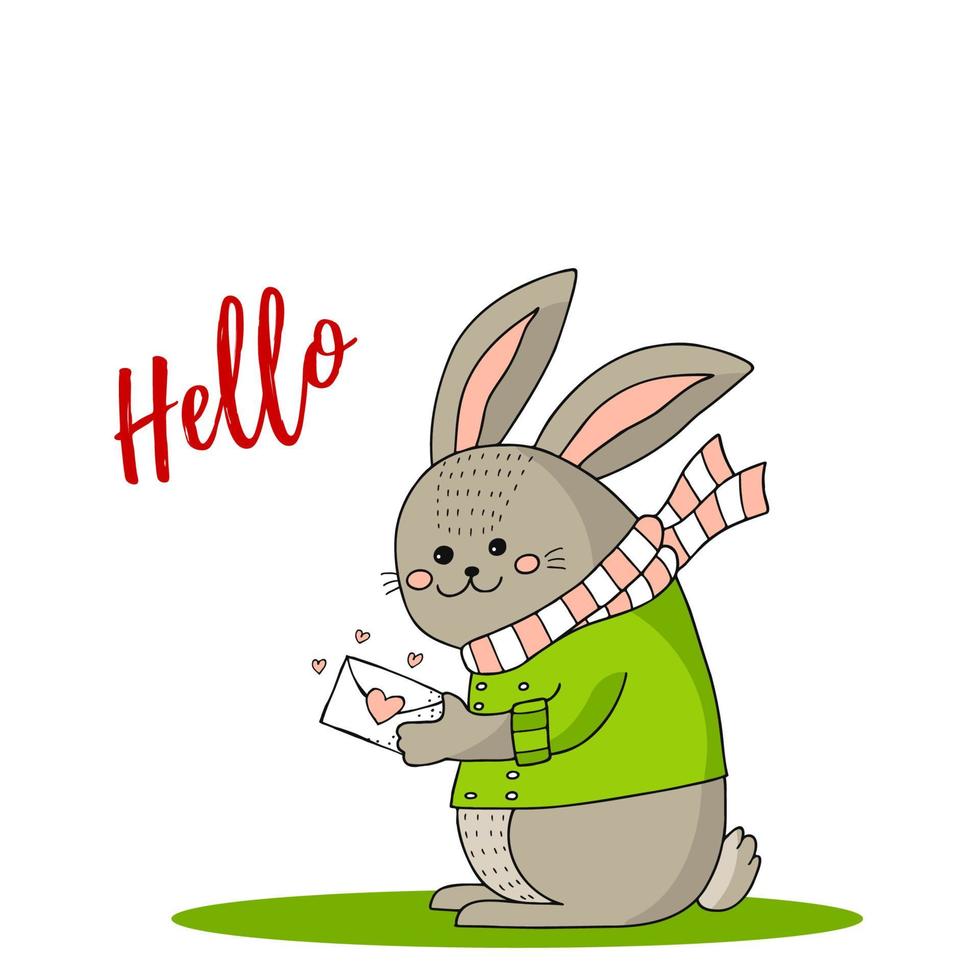 Funny bunny in a green jacket and pink and white striped scarf with an envelope with a heart. Hand-drawn doodle illustration. Hello. vector