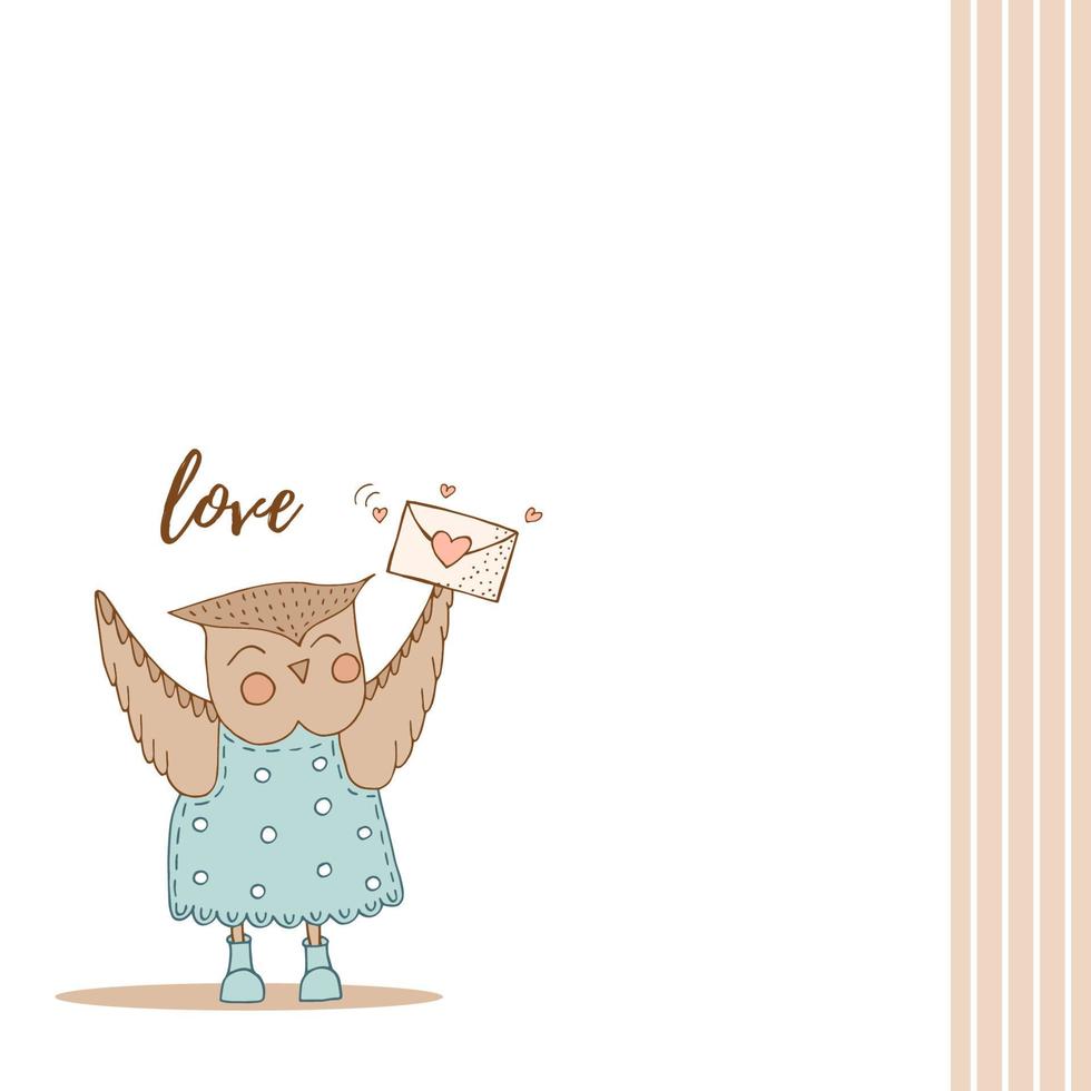 Hand drawn cute animals. An owl in a blue dress with polka dots and boots. Envelope with heart. Love. White background. Vector. vector