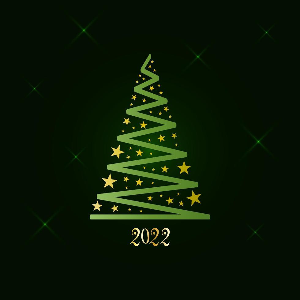 Magic green Christmas tree made of ribbon and golden stars on a dark green background with sparkling stars. Merry Christmas and Happy New Year 2022. Vector illustration.