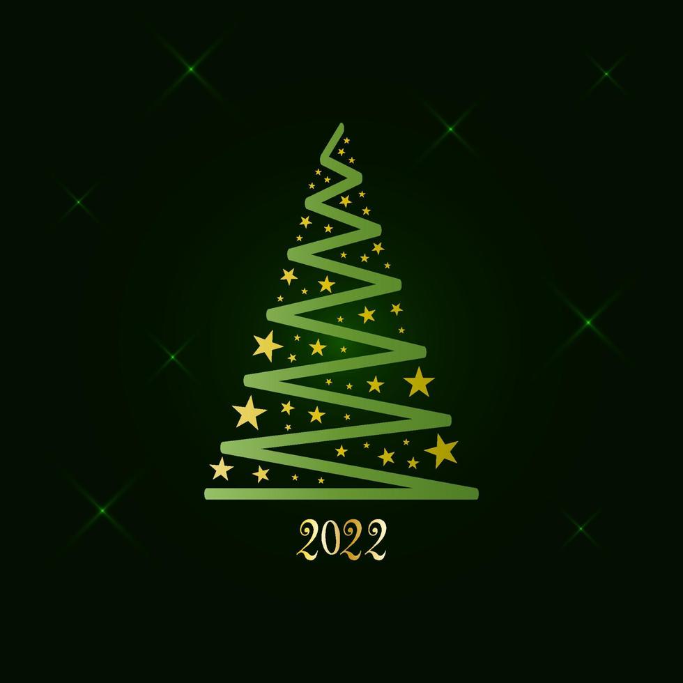 árbol de Navidad verde mágico hecho de cinta y estrellas doradas sobre un fondo verde oscuro con estrellas brillantes. feliz navidad y próspero año nuevo 2022. ilustración vectorial. vector