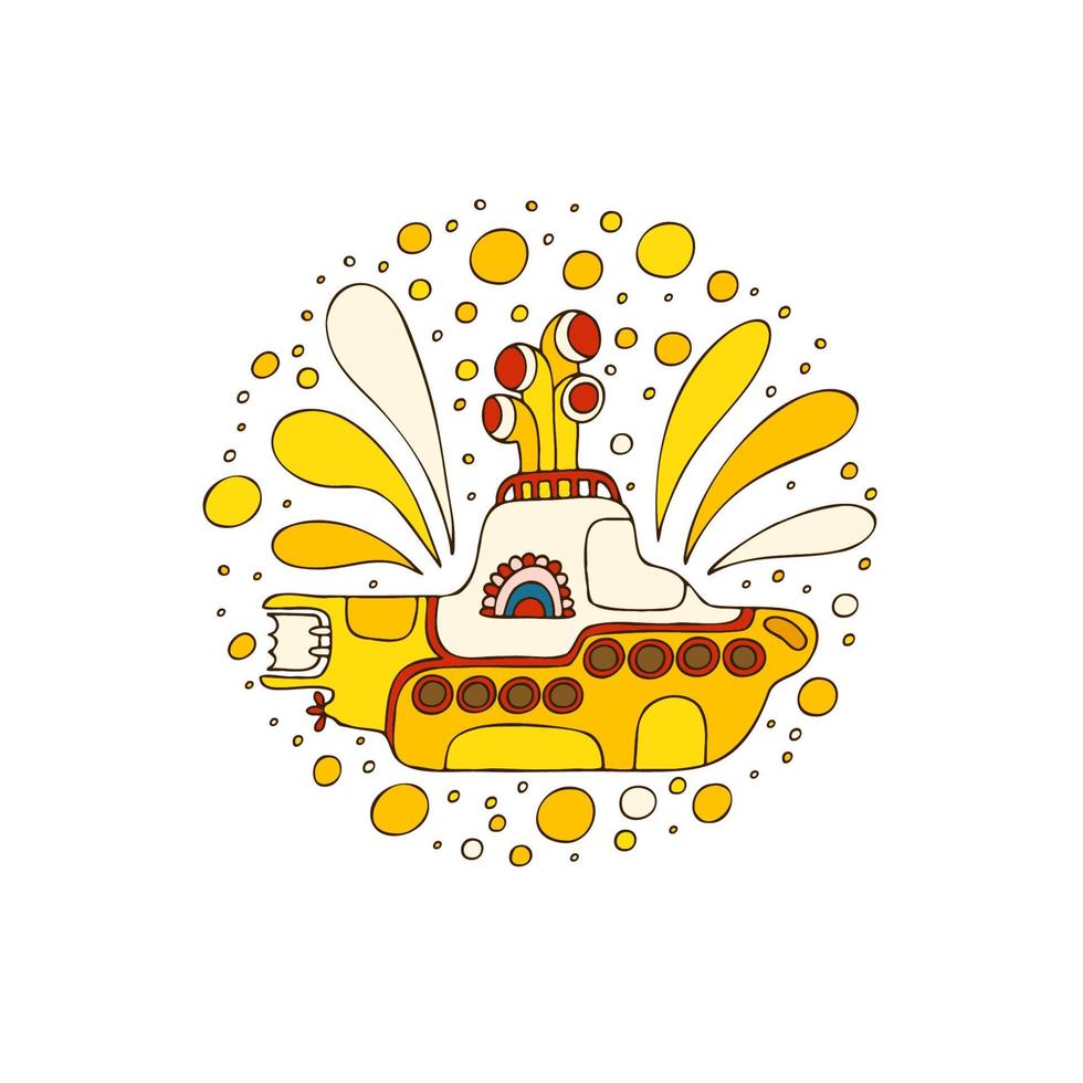 Yellow submarine in doodle style. Hand drawn logo. White background. vector