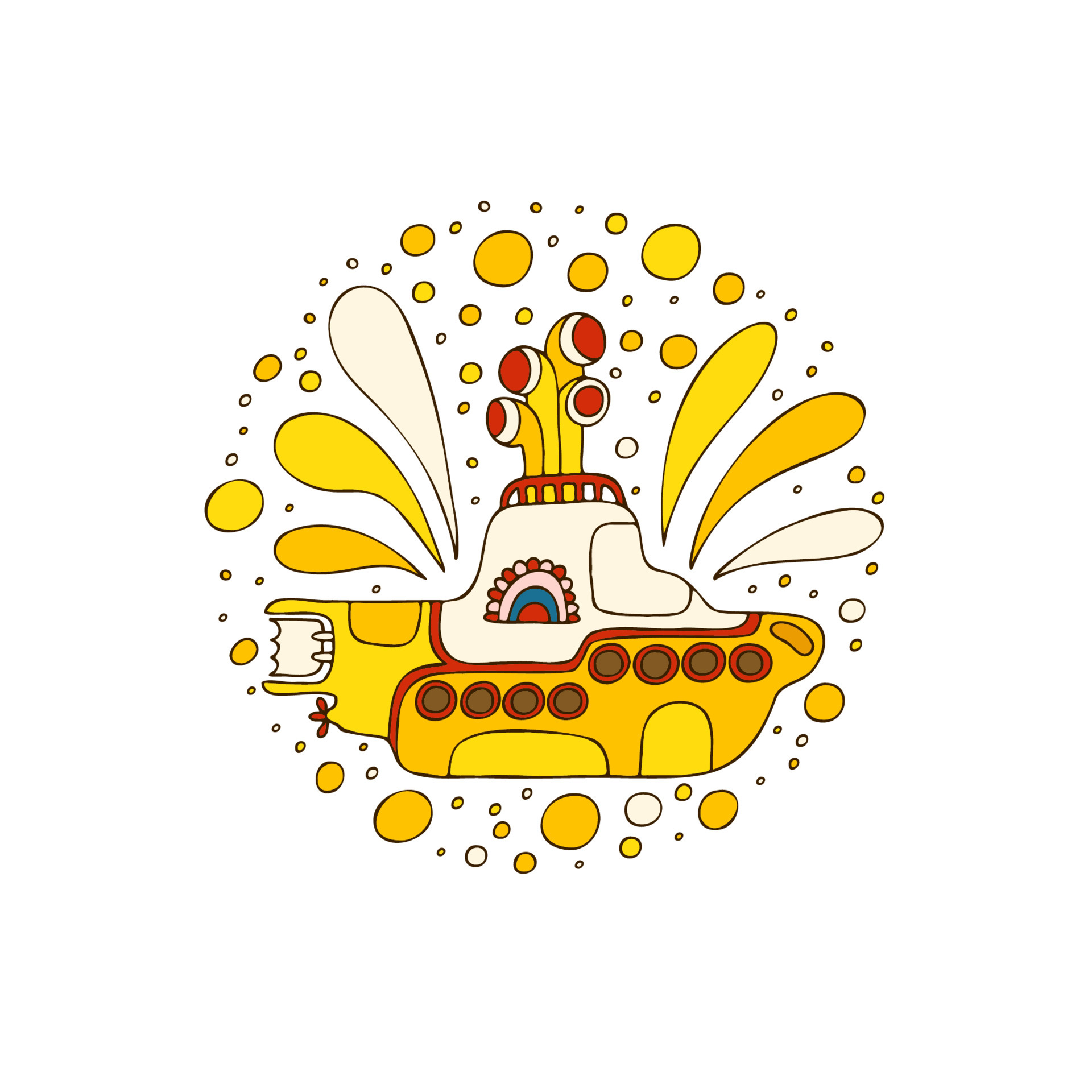 Yellow submarine in doodle style. Hand drawn logo. White background