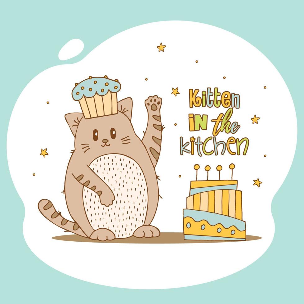 animales lindos dibujados a mano con letras. gato con pastel con velas cupcake y gorro de cocinero. gatito en la cocina. vector. vector