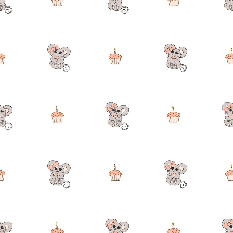 Hand drawn cute animals. Seamless pattern. A mouse with a pink bow and a heart, cupcake with candle. White background. Vector. vector