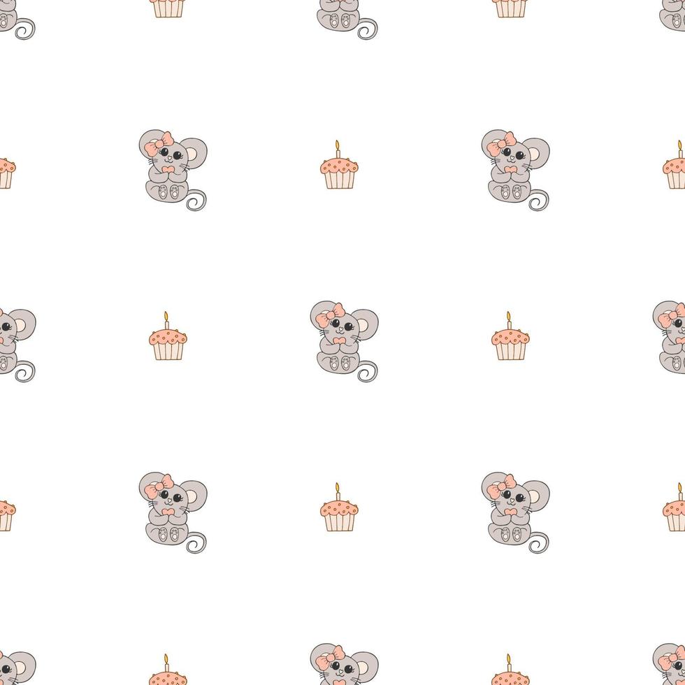 Hand drawn cute animals. Seamless pattern. A mouse with a pink bow and a heart, cupcake with candle. White background. Vector. vector