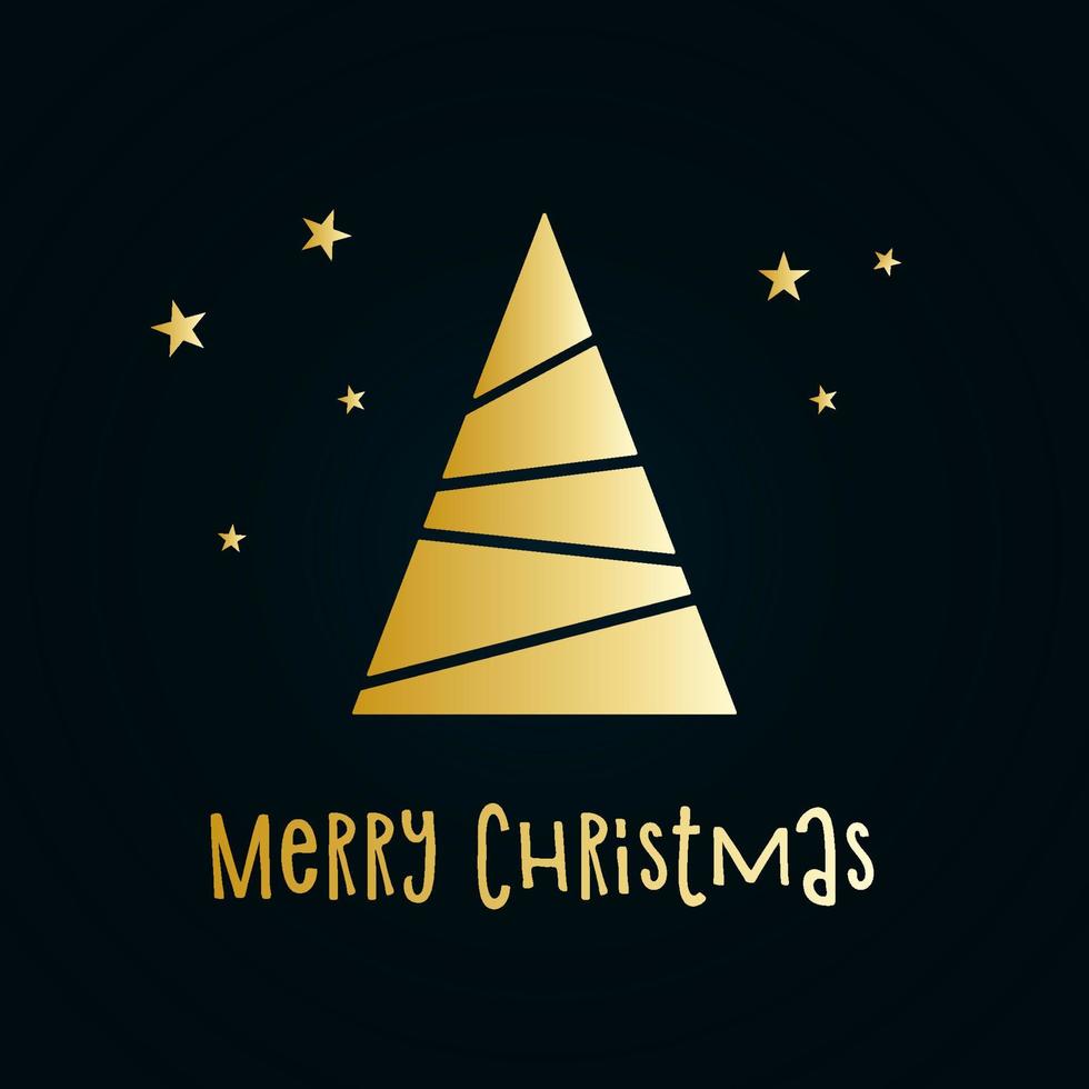 Golden silhouette of a Christmas tree with snow and stars. Merry Christmas and Happy New Year 2022. Vector illustration.