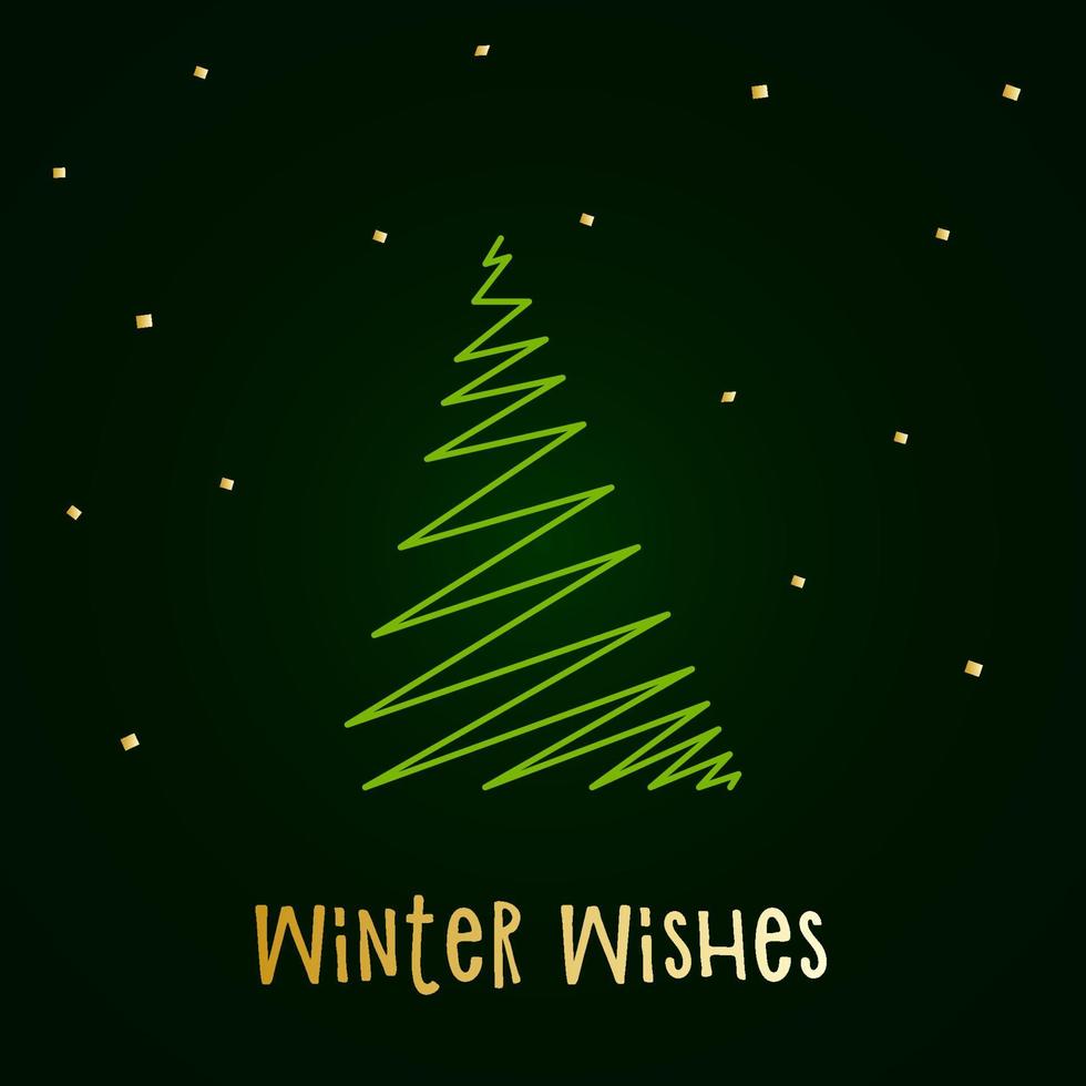 Green silhouette of a Christmas tree with snow and golden stars. Merry Christmas and Happy New Year 2022. Vector illustration. Winter Wishes.