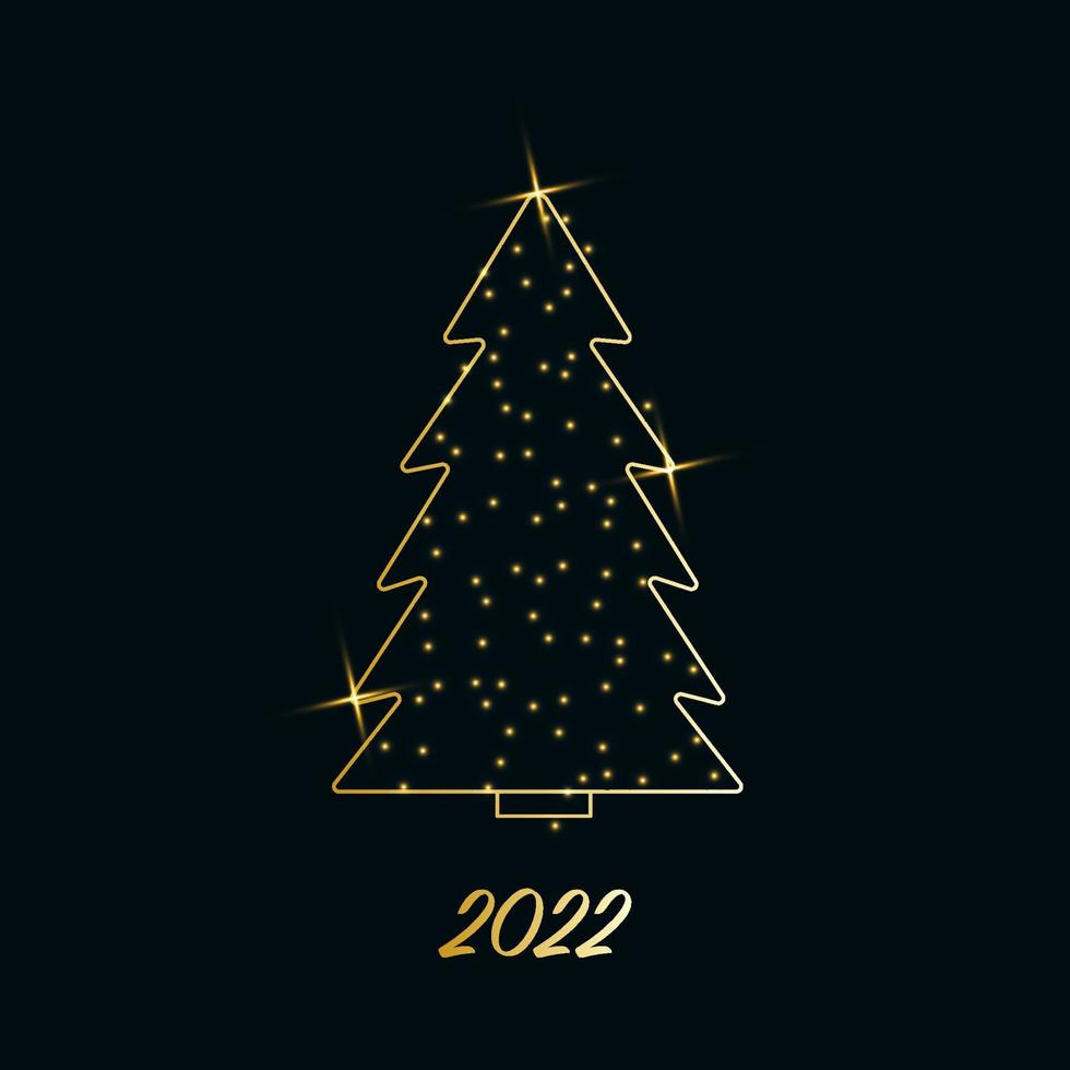 Sparkling Christmas Tree with shiny dust. Golden metallic outline icon with stars on a dark blue background. Merry Christmas and Happy New Year 2022. Golden Metallic. Vector illustration.