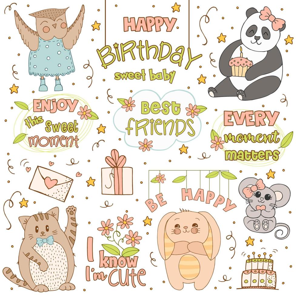 animales lindos dibujados a mano con letras. gato, panda, conejito con orejas rayadas y panza, ratón con lazo rosa y corazón, búho con vestido azul con lunares y botas. regalo y tarta con velas. vector