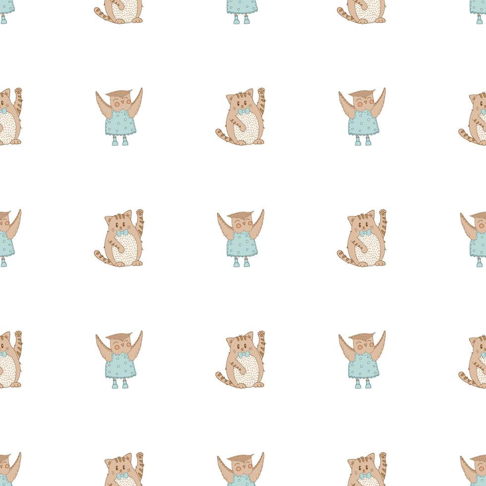 Hand drawn cute animals. Seamless pattern. Cat, Owl in a blue dress with polka dots and boots. Best Friends. White background. Vector. vector