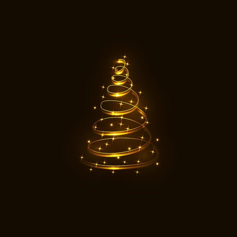 Glowing Magic Christmas Tree. Golden twinkling wonderful lights. Merry Christmas and Happy New Year 2022. Vector illustration.