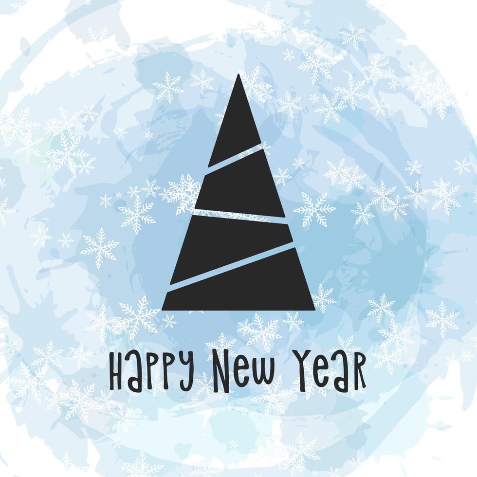 Black silhouette of a Christmas tree on watercolor background with snowflakes. Merry Christmas and Happy New Year 2022. Vector illustration.