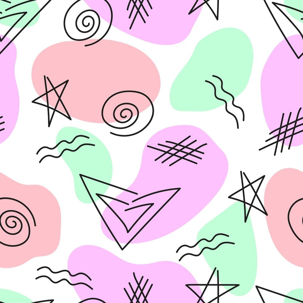 Seamless pattern with blob shapes and line art scribble. Valentines day background vector